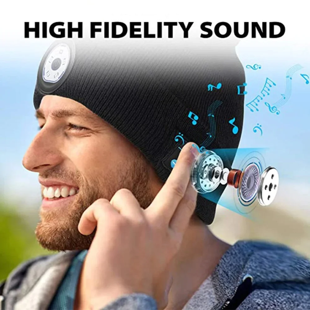 Winter Unisex Beanie Knitted Hat Wireless Bluetooth 5.0 Headphone with LED Light